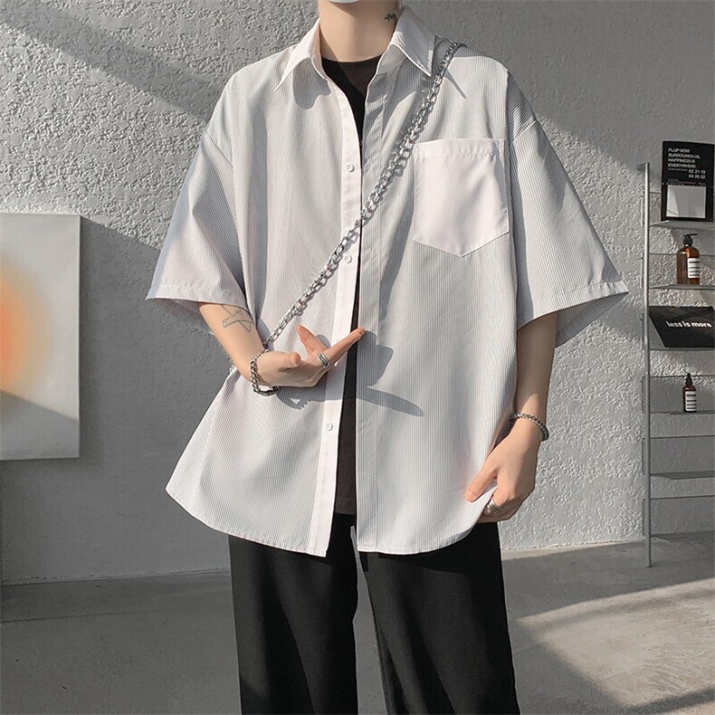 仓库现货 CS1120-特批25 条纹撞色拼接百搭痞帅大码短袖衬衫图片
