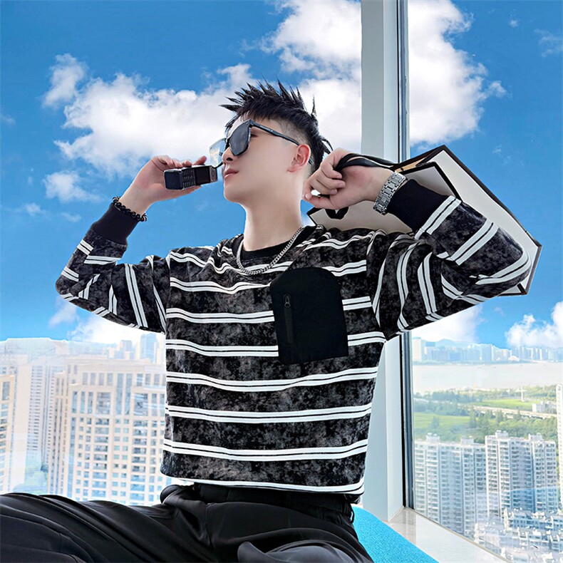 AW210/P78控108秋季社会小伙拼接撞色条纹设计感打底卫衣男黑首,男装T恤,星座305B-1