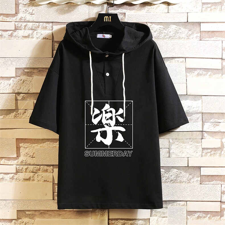 LD54197-P45 连帽短袖t恤男大码胖子带帽五分袖中袖 砖墙挂拍图片