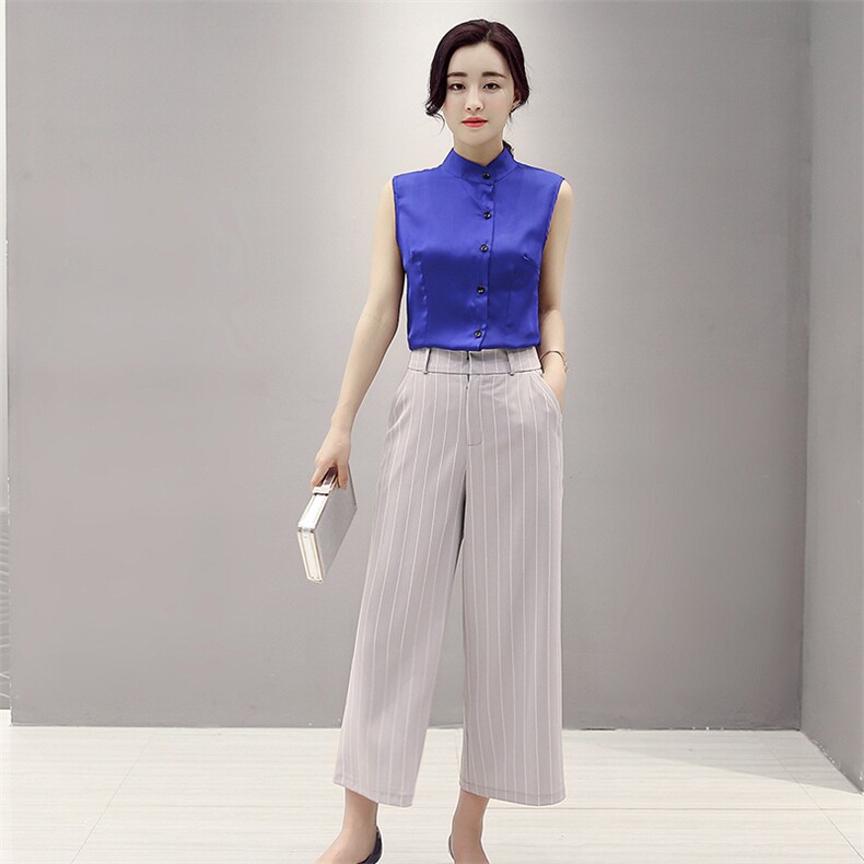 2020年夏季纯色条纹单排扣无袖领结阔腿裤两件套,女装套装/套裙,贵人树