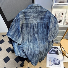 牛仔外套夏季凉感做旧扎染设计衬衣男士垫肩短袖4715P58，男装工装外套，星座410-2