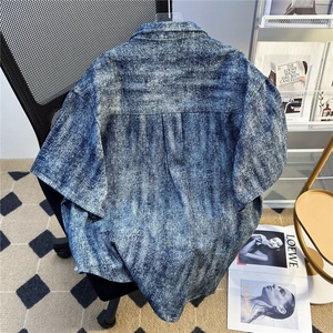 牛仔外套夏季凉感做旧扎染设计衬衣男士垫肩短袖4715 P58图片