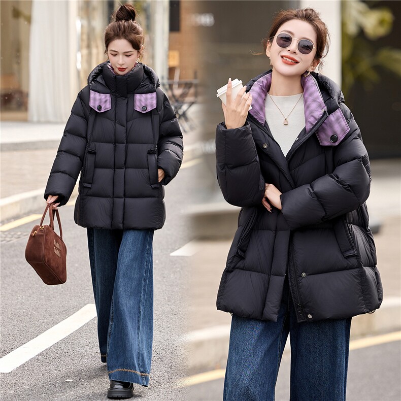 时尚撞色拼接90白鸭绒羽绒服2025冬季新款加厚连帽羽绒外套，女装羽绒服，沁沁公主