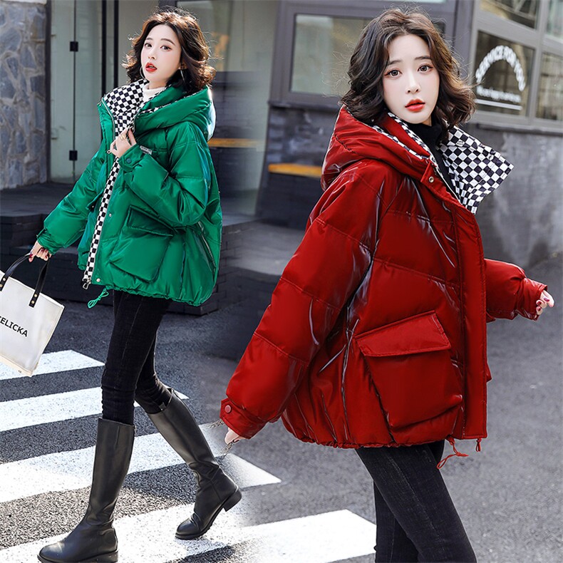 亮面短款羽绒服女2022新款加厚小个子棋盘格撞色洋气90白鸭绒外套，女装羽绒服，一安秀