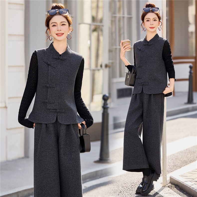 【bao款格雷灰系列】2026春装新中式盘扣马甲八分裤打底衫三件套，女装套装/套裙，雅静靓衣
