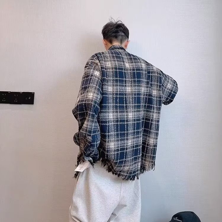 TC448-P53美式复古毛边设计潮牌宽松百搭格子长袖衬衣,女装衬衫,星座617A-2
