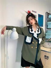 双排扣贴布口袋衬衫，女装衬衫，YOUER DENG