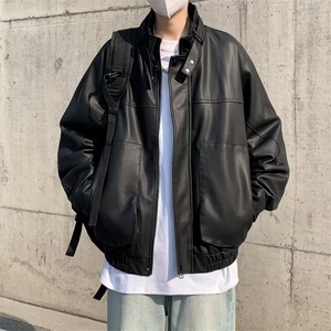 秋季新款高级感立领机车皮衣男宽松潮男短款垫肩夹克外套PU948图片