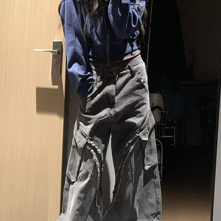 7802-P59嘻哈潮牌破洞复古做旧长裤美式高街宽松拖地微喇叭,男装休闲裤,电商B323A