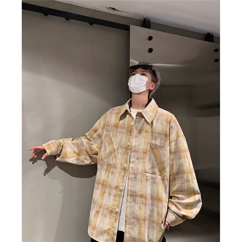 6049-P45春秋季复古潮流格子长袖衬衫男士上衣休闲刺绣衬衣外套,男装衬衫,电商B323A