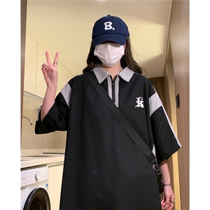 中性港风2026夏季新款字母绣花Polo衫短袖T恤男女宽松潮D253P48