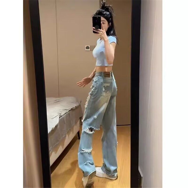 美式破洞牛仔裤女浅色高腰辣妹休闲长裤直筒阔腿乞丐裤L20322-P48,男装牛仔裤,星座1008