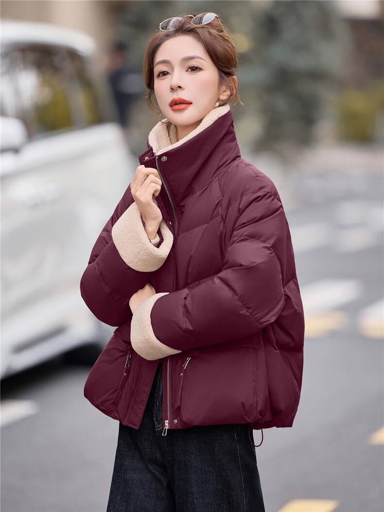 羊羔毛拼接短款白鸭绒羽绒服女2025冬新款加厚保暖,女装羽绒服,余墨