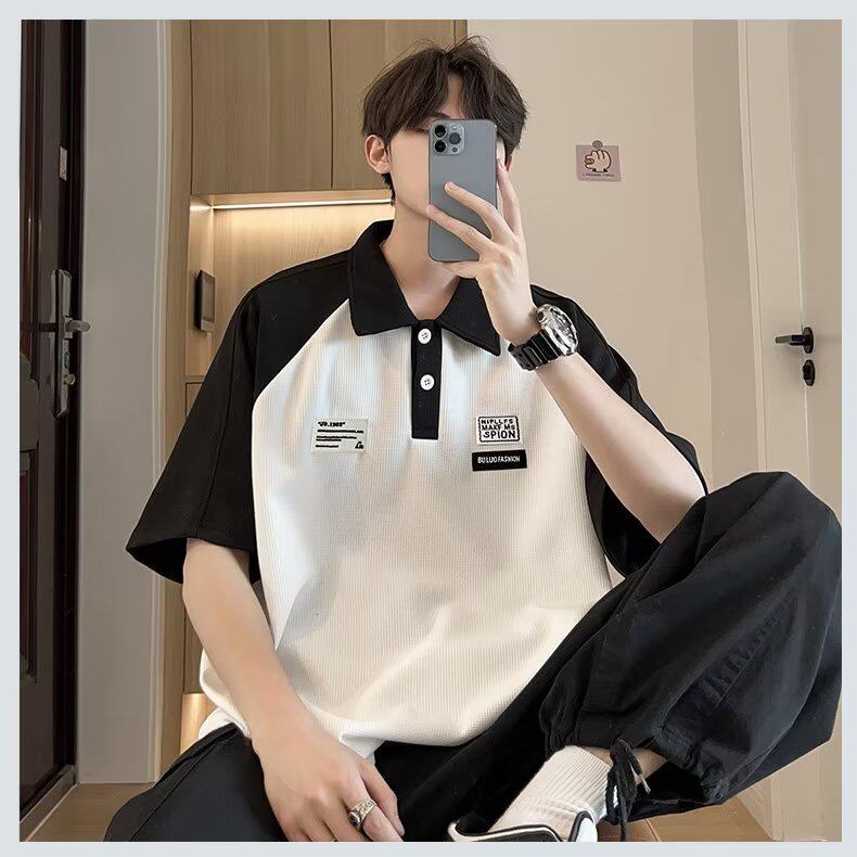 C305-P30夏季新款撞色polo衫短袖男美式复古ins五分袖t恤上衣，男装Polo衫，星座512-6