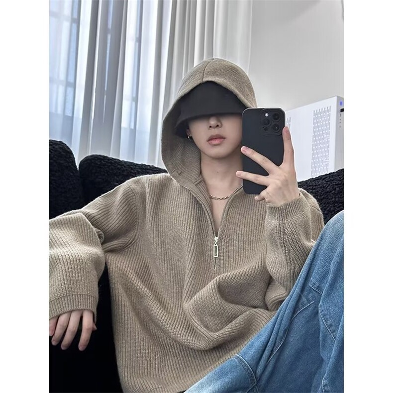 纯色针织连帽卫衣男秋冬半拉链打底衫慵懒风高级感毛衣AM02，男装T恤，星座516A