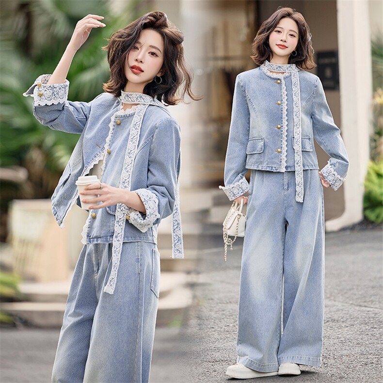 牛仔套装女春装2025新款超火开春穿搭小个子阔腿裤两件套洋气时尚,女装套装/套裙,天丝秀
