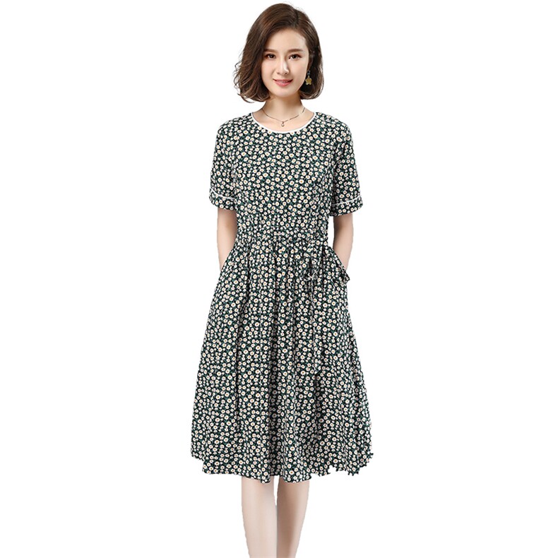 2021夏季新款简约时尚圆领收腰显瘦宽松碎花连衣裙,女装连衣裙,小林双子