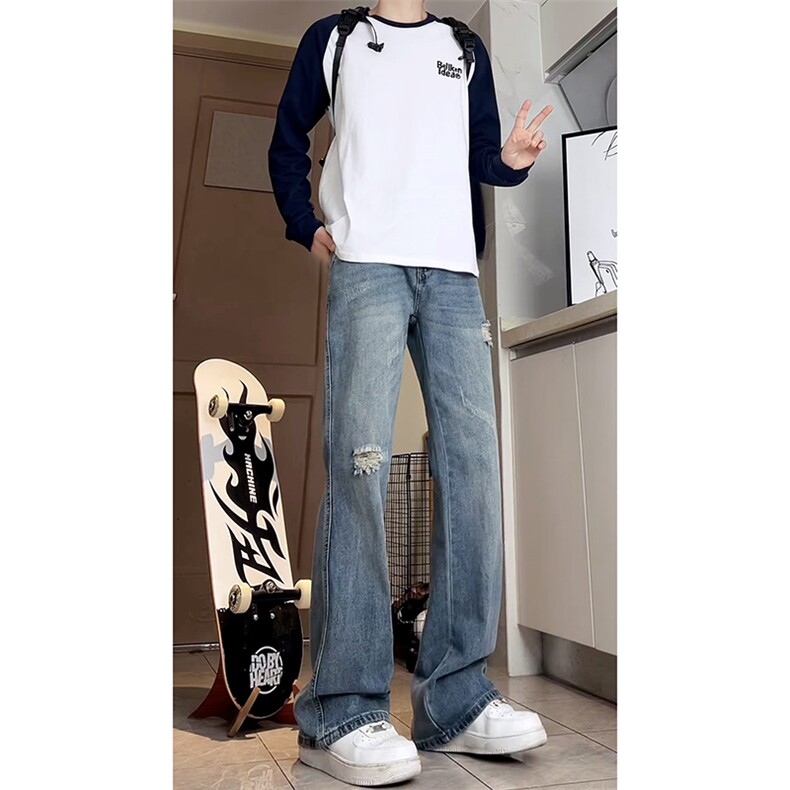 A178 秋冬季新款美式破洞牛仔裤男直筒宽松7001 P55限价68图片