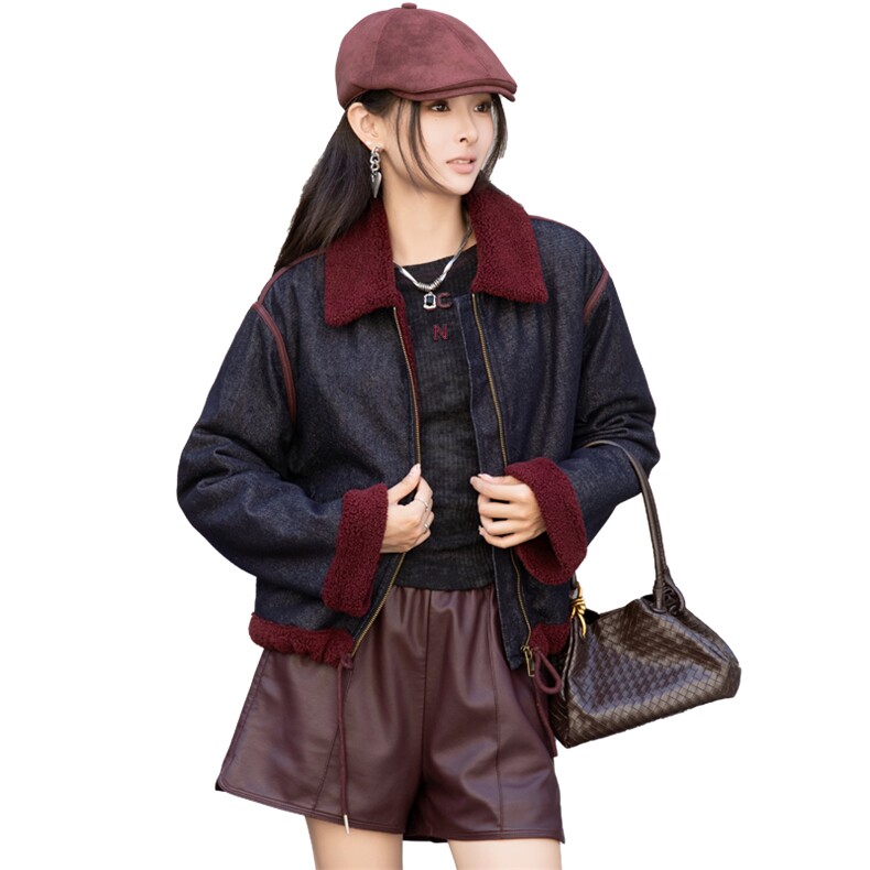 时尚拼接翻领加绒牛仔短外套女2024冬季新款小个子休闲仿羊羔毛棉服,女装牛仔外套,江南女神