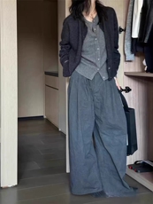 美丽诺羊毛开衫女秋冬灰色假两件针织衫高级感老钱风毛衣外套，女装羊毛衫，千御纺羊绒