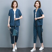 2023夏季新款简约时尚优雅气质圆领休闲舒适两件套，女装套装/套裙，江忆布依