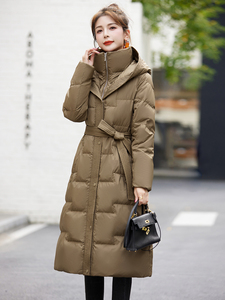 加厚保暖长款过膝羽绒服女2024冬新款收腰显瘦时尚连帽白鸭绒外套图片