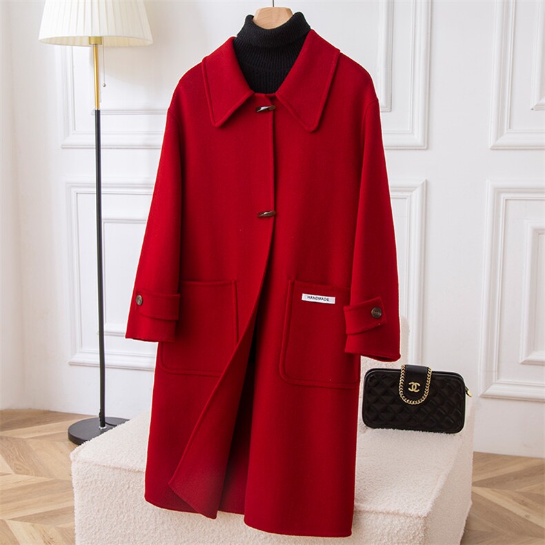 时尚红色羊毛大衣女长款修身显瘦翻领百搭外套，女装双面呢大衣，赛欧妮