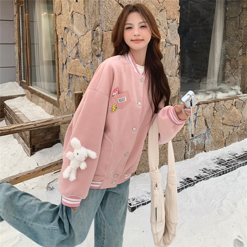雪景甜美粉色毛呢棒球服（玩偶可拆卸）,女装毛呢外套,天使之佳话