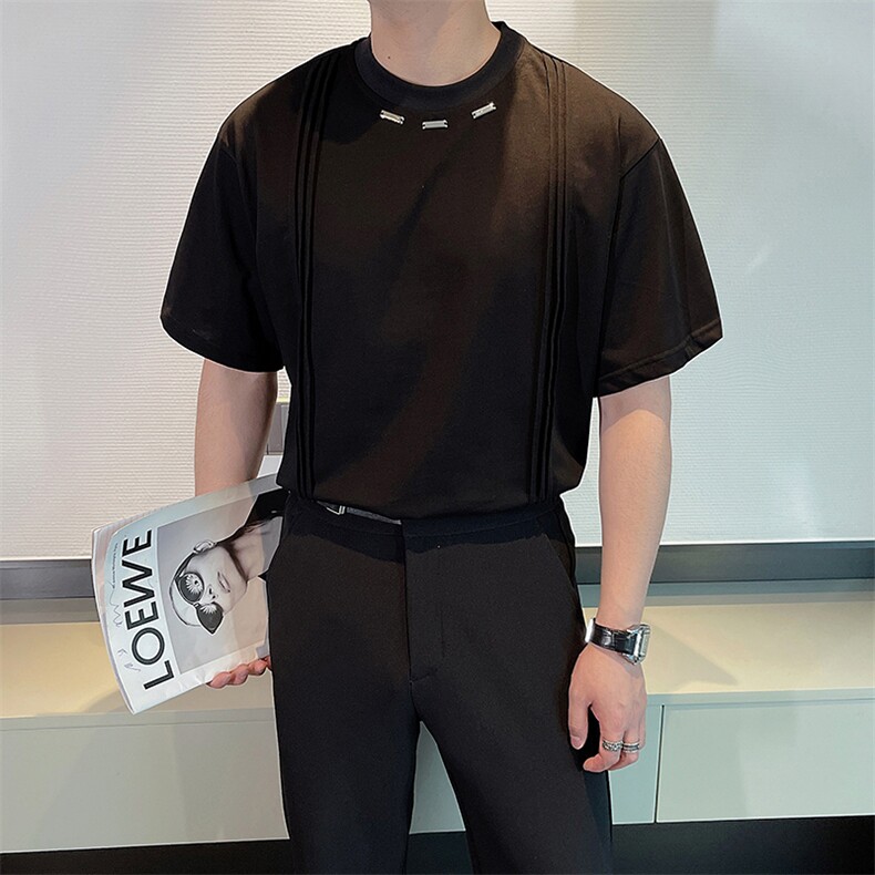 夏季纯色设计短袖T恤男时尚高级金属装饰宽松体恤上衣TX1231-P50,男装T恤,电商B267
