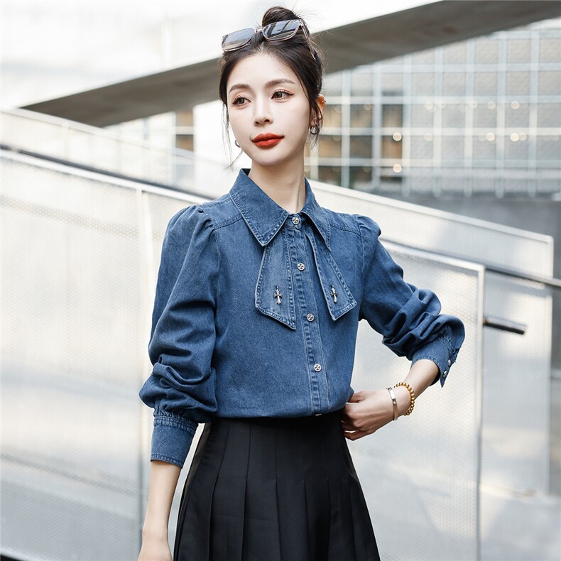 长袖常规学院风撞色显瘦牛仔衬衫春秋衬衫欧美风美式气质衬衣蓝色,女装衬衫,微微衣阁