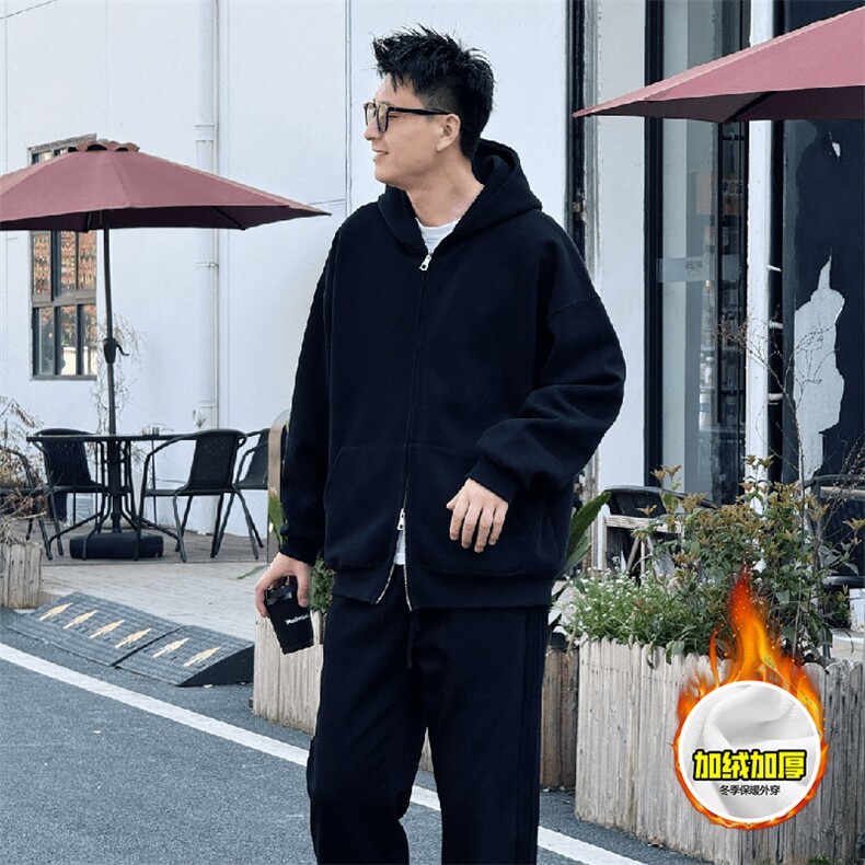 480G重磅加绒硬挺boxy男女秋冬美式高街结构双拉链开衫卫衣厚外套,女装短外套,电商A486