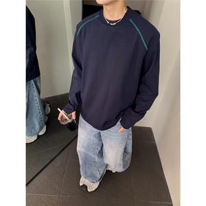 美式宽松长袖不T恤男撞色拼接设计圆领打底衫上衣男女秋季图片