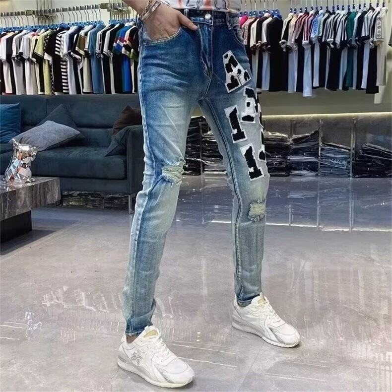 美式高街hiphop迷彩拼接腰果花做旧弹性高街青年水洗小脚牛仔长裤,男装休闲裤,星座506A