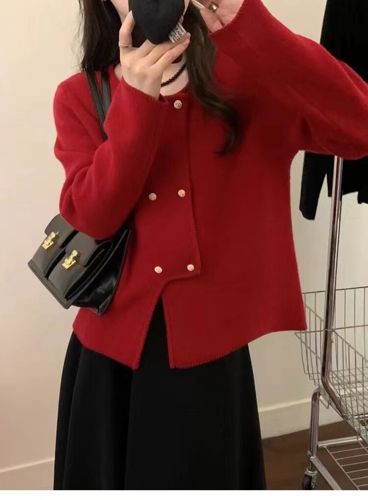 秋季新款显瘦纽扣开衫女针织衫优雅百搭长袖毛衣外套,女装羊毛衫,隆格羊绒
