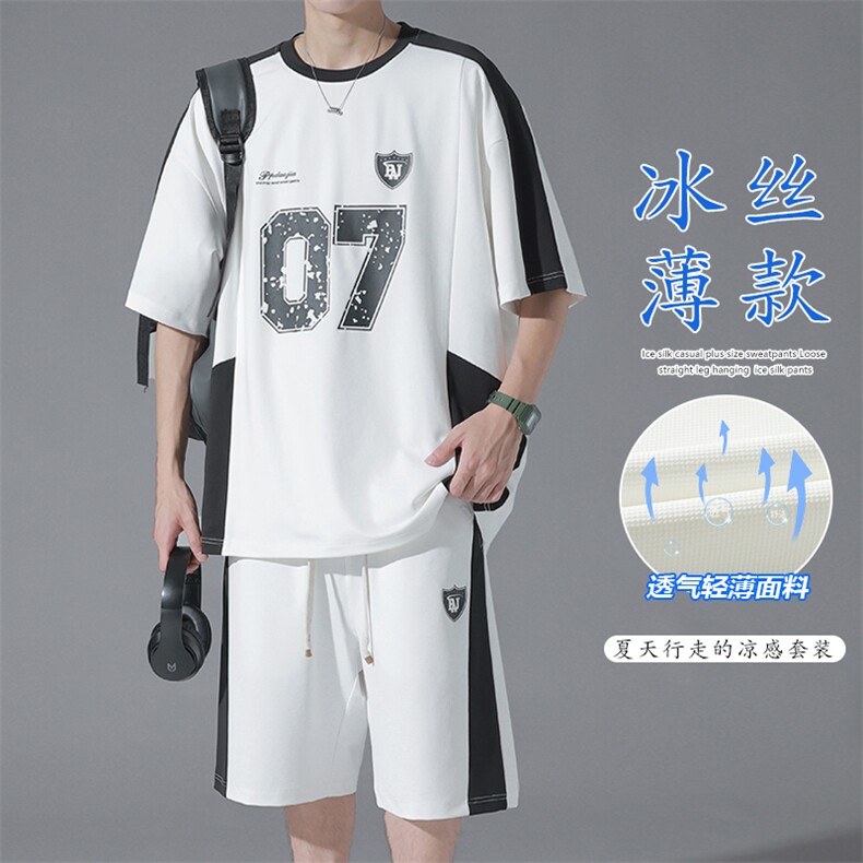 特批P55无差价夏季拼接印花冰丝透气大码运动短袖T恤短裤男TZ316图片