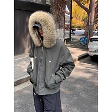现货重磅boxy短款棉衣座山雕大毛毛领男女棉服水洗工装厚外套，男装棉衣，电商A486