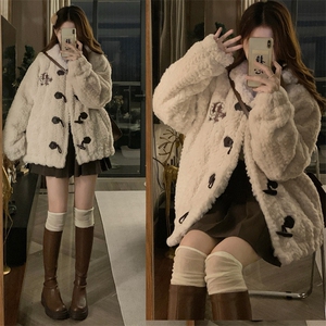 C874-P130羊角扣连帽棉服女冬季加厚外套美式复古宽松毛毛棉衣,矮中年妇女40岁冬季衣服搭配图片