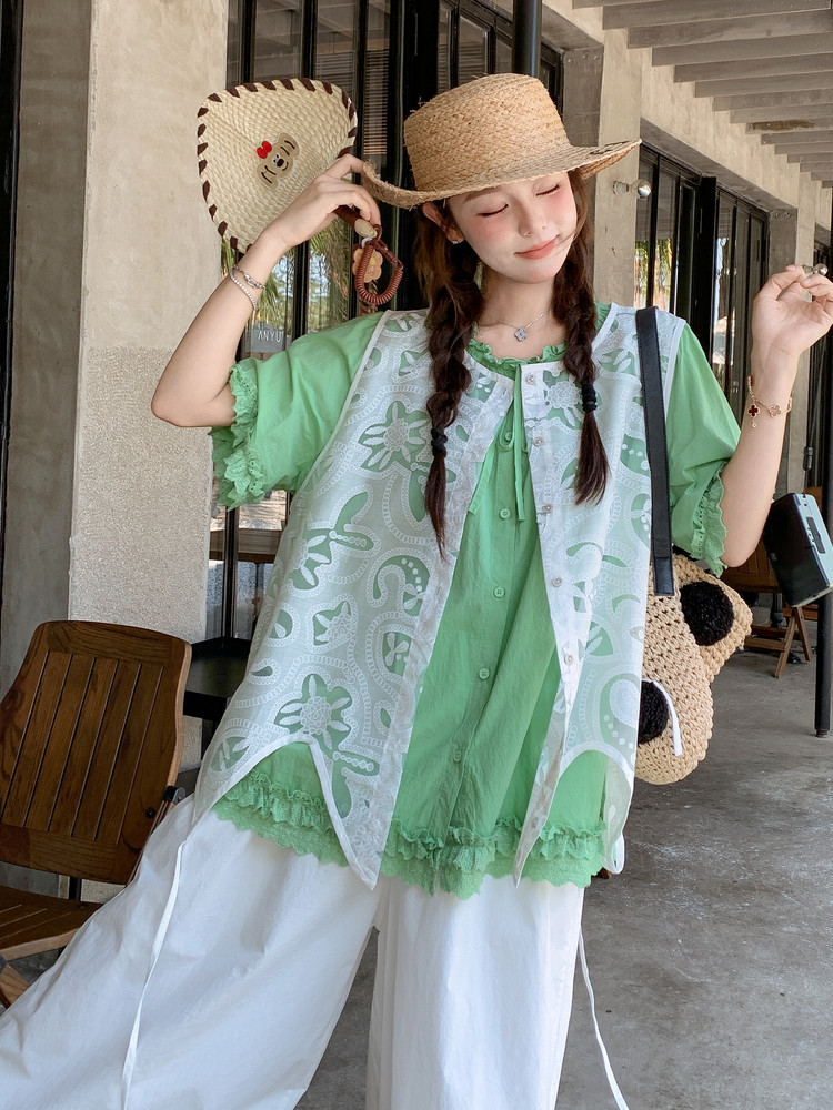 温柔风不规则蕾丝罩衫木耳边衬衣套装女夏季2025新款阔腿裤三件套,女装套装/套裙,含赞