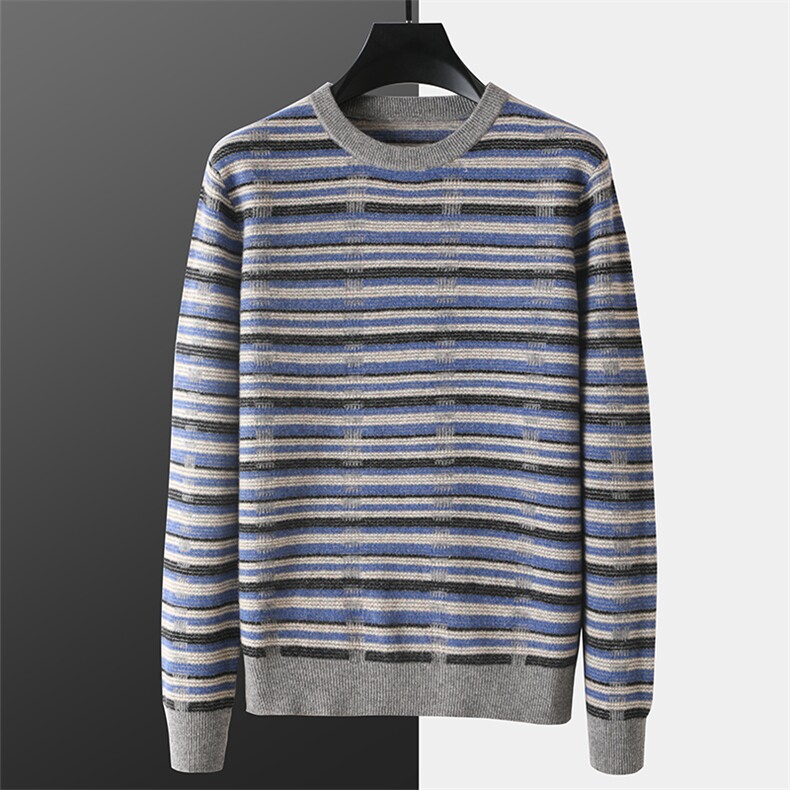 男士圆领竖条纹提花羊毛羊毛衫新款舒适柔软保暖民族风长袖男装，男装羊毛衫，枫宸羊绒