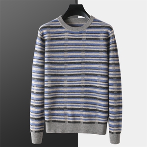 男士圆领竖条纹提花羊毛羊毛衫新款舒适柔软保暖民族风长袖男装,男装羊毛衫,枫宸羊绒