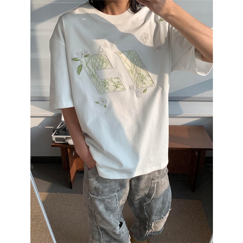 网图有货花伴竹纯棉刺绣短袖T恤男女情侣宽松花卉上衣A469-P35,男装T恤,星座1505