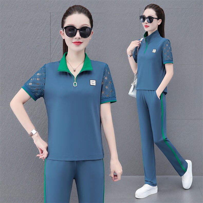 休闲运动服套装女冰丝速干2023年夏季新款中年妈妈时尚两件套洋气,女装运动套装,燕颉服饰