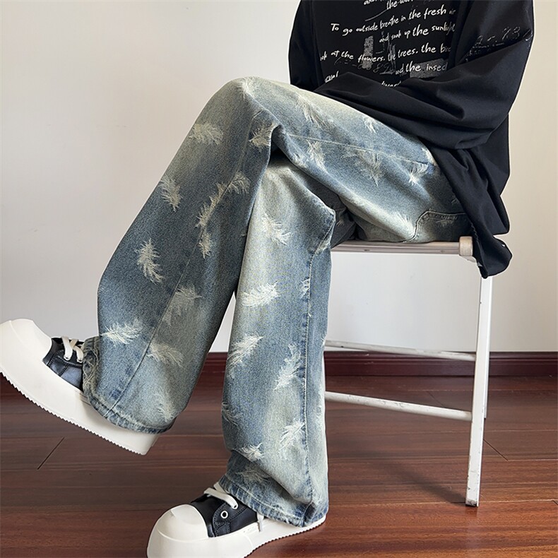 B221 美式ins高街暗黑宽松直筒提花牛仔裤LK24397-特P52控88图片