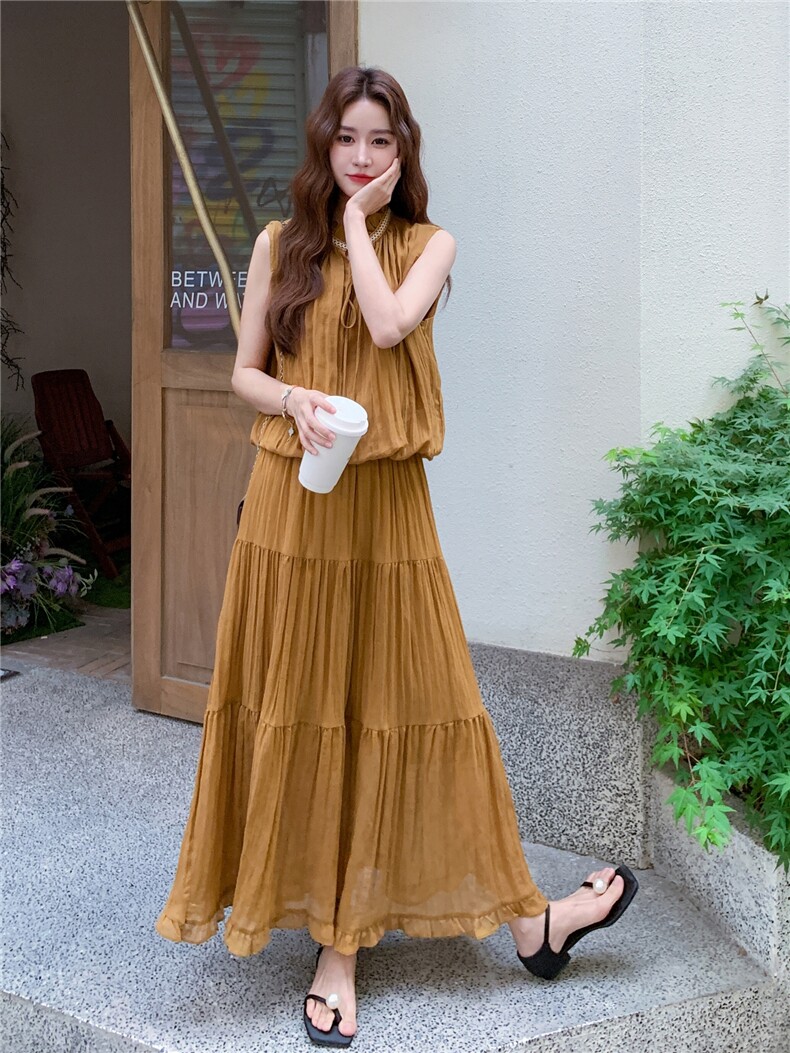 黄色无袖上衣半身裙套装女夏2025新款法式减龄气质长裙两件套爆款,女装套装/套裙,秋水欣儿