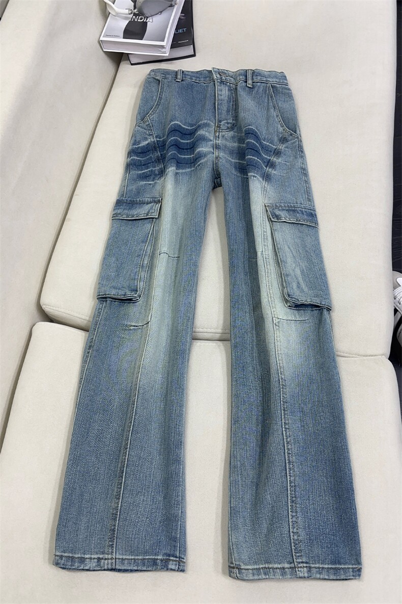 B221美式ins高街暗黑宽松直筒竹节纹工装牛仔裤LK26614-特P55控98,男装牛仔裤,电商B221