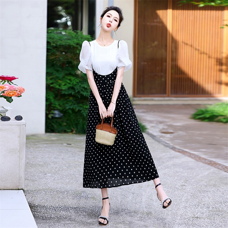 时尚套装裙女欧洲站2024夏季新款欧货泡泡袖T恤+波点吊带连衣裙潮,女装套装/套裙,纯色衣恋