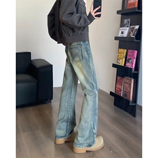 美式高街cleanfit猫须水洗牛仔裤男女潮牌直筒微喇vibe裤子B9004，男装牛仔裤，星座601-1