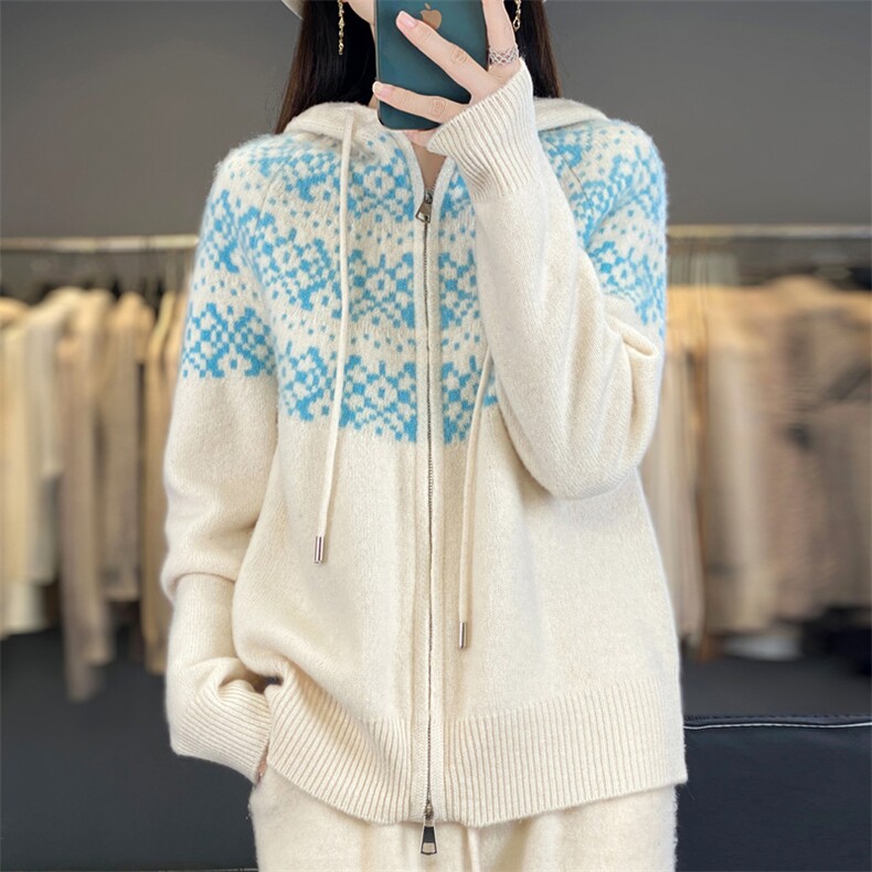 开衫女25秋冬加厚宽松连帽拉链费尔岛提花针织毛衣外套,女装羊毛衫,大美人高端店