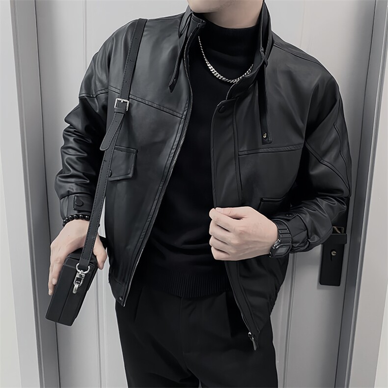 AF129/P128控168秋季社会小伙美式立领翻盖PU机车皮外套男黑首,男装工装外套,星座305B-1