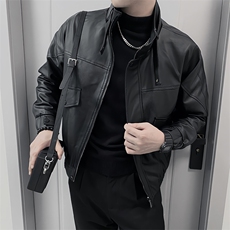 AF129/P128控168秋季社会小伙美式立领翻盖PU机车皮外套男黑首，男装工装外套，星座305B-1
